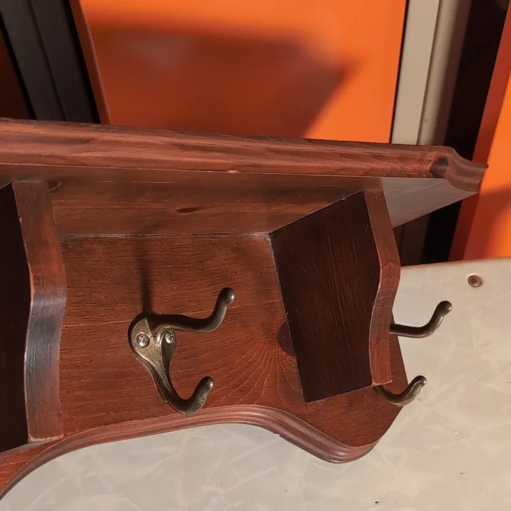 Vintage Wooden Wall Shelf with 3 Hooks Brown Wood Sawtooth Hangers